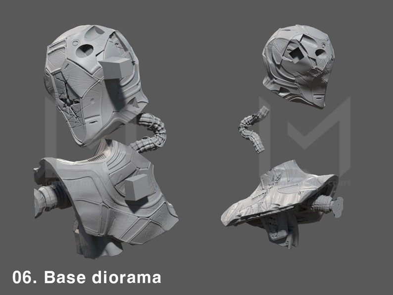May include: A 3D printed model of a robot head broken into multiple pieces. The head is made of grey plastic and has a detailed design. The model is labelled "06. Base diorama".
