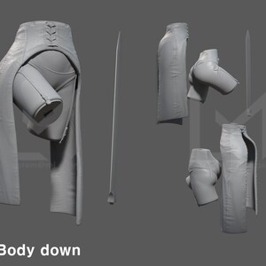 May include: A 3D model of a skirt with a high waist and a split up the front. The skirt is made of a textured fabric and has a lace-up detail at the back. The model is shown from different angles.