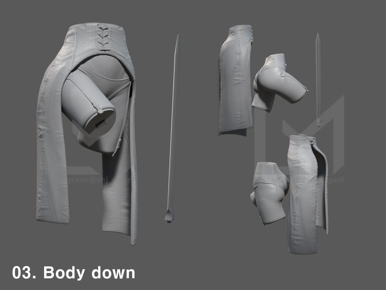 May include: A 3D model of a skirt with a high waist and a split up the front. The skirt is made of a textured fabric and has a lace-up detail at the back. The model is shown from different angles.