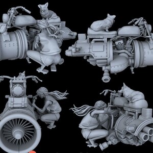 K&ouml;nnte beinhalten: Ein 3D-gedrucktes Modell eines futuristischen Motorrads mit einem D&uuml;sentriebwerk. Das Motorrad ist grau und hat eine weibliche Figur darauf sitzend. Die Figur tr&auml;gt eine Lederjacke und Jeans. Ein kleiner Hund sitzt auf dem R&uuml;cksitz des Motorrads.