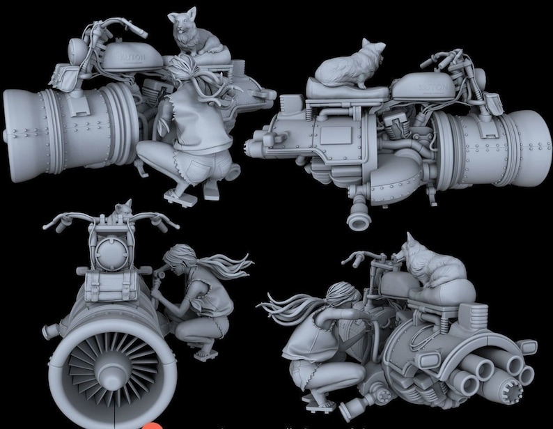 K&ouml;nnte beinhalten: Ein 3D-gedrucktes Modell eines futuristischen Motorrads mit einem D&uuml;sentriebwerk. Das Motorrad ist grau und hat eine weibliche Figur darauf sitzend. Die Figur tr&auml;gt eine Lederjacke und Jeans. Ein kleiner Hund sitzt auf dem R&uuml;cksitz des Motorrads.