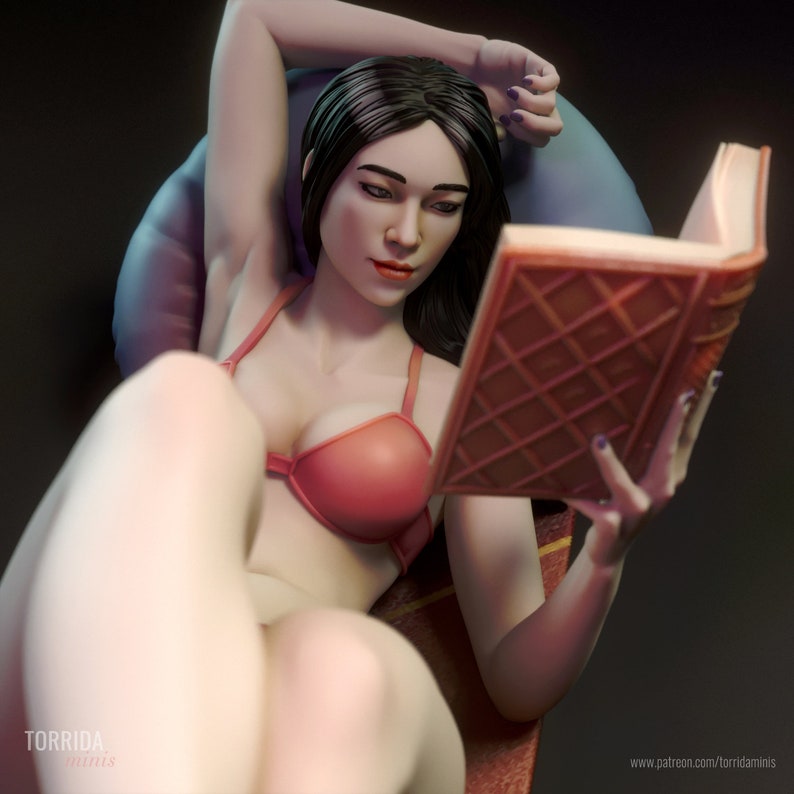 May include: A woman wearing a red bra and white underwear is relaxing on a sofa and reading a book with a red cover. The book has a grid pattern on the cover.