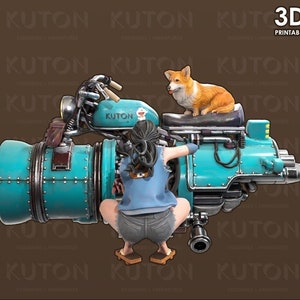 K&ouml;nnte beinhalten: Ein 3D-gedrucktes Modell einer Frau, die auf einem blau-gr&uuml;nen Motorrad sitzt, mit einem Corgi-Hund, der auf dem Sitz hinter ihr sitzt. Das Motorrad hat einen gro&szlig;en, zylindrischen Motor und einen kleinen, runden Sitz. Die Frau tr&auml;gt ein blaues Hemd und eine Jeans-Shorts. Der Corgi ist braun und wei&szlig;.