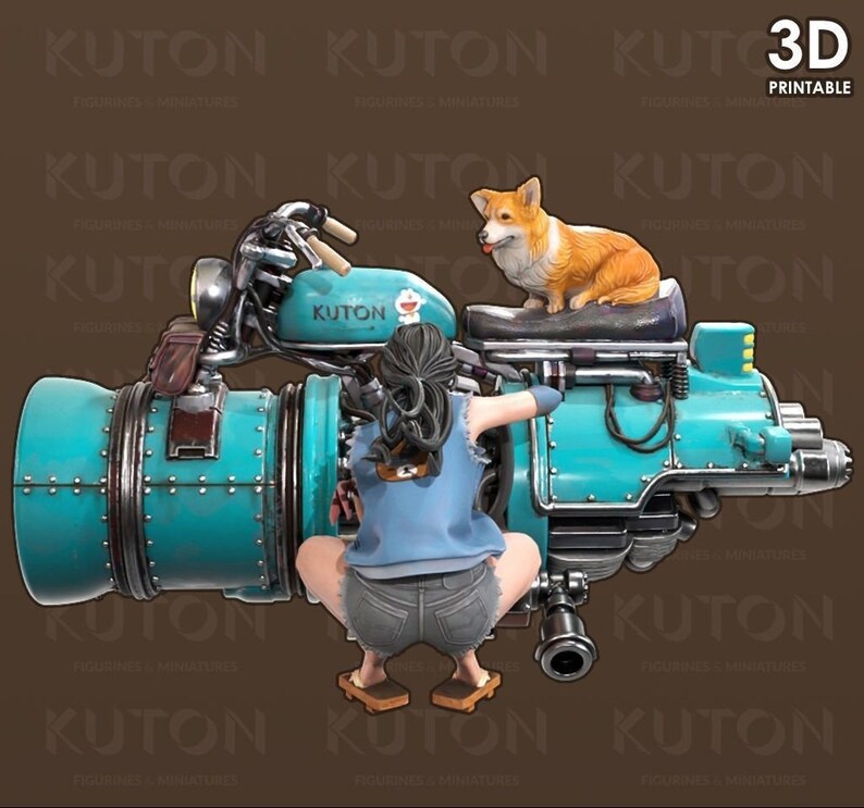 K&ouml;nnte beinhalten: Ein 3D-gedrucktes Modell einer Frau, die auf einem blau-gr&uuml;nen Motorrad sitzt, mit einem Corgi-Hund, der auf dem Sitz hinter ihr sitzt. Das Motorrad hat einen gro&szlig;en, zylindrischen Motor und einen kleinen, runden Sitz. Die Frau tr&auml;gt ein blaues Hemd und eine Jeans-Shorts. Der Corgi ist braun und wei&szlig;.