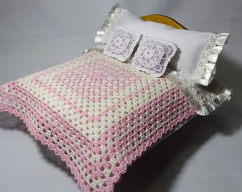 1:12 Dollhouse Bedding set, Quilt, sheet, pillow and cushions HAND KNITTED hand made- Not bed Include  Miniature 1/12