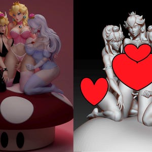 May include: A figurine depicting three female characters in different outfits, positioned on a red and white mushroom base. The characters have blonde, pink, and white hair. The figurine is a stylized representation of video game characters.