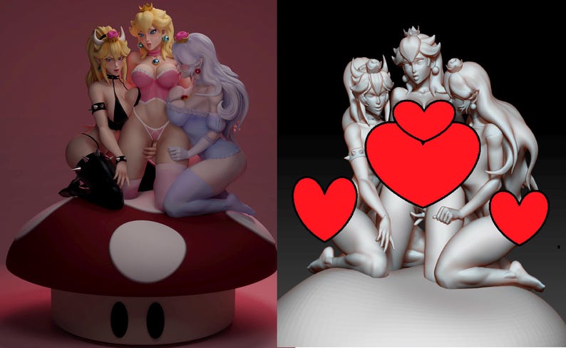 May include: A figurine depicting three female characters in different outfits, positioned on a red and white mushroom base. The characters have blonde, pink, and white hair. The figurine is a stylized representation of video game characters.