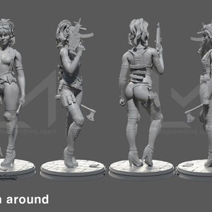 K&ouml;nnte beinhalten: Eine 3D-gedruckte Figur einer weiblichen Figur mit einer Pistole und einer Axt. Die Figur ist in einer dynamischen Action-Pose dargestellt. Die Figur ist in Grau bemalt.