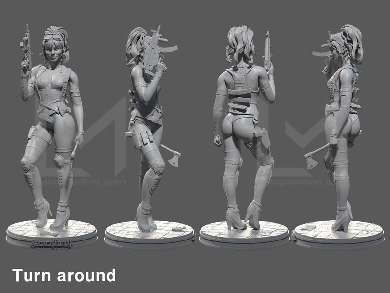K&ouml;nnte beinhalten: Eine 3D-gedruckte Figur einer weiblichen Figur mit einer Pistole und einer Axt. Die Figur ist in einer dynamischen Action-Pose dargestellt. Die Figur ist in Grau bemalt.