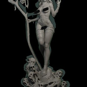 May include: A gray, detailed sculpture of a woman holding a scythe with a skull on the end. She is standing on a base with skulls and bones.
