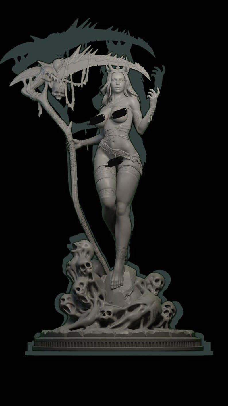 May include: A gray, detailed sculpture of a woman holding a scythe with a skull on the end. She is standing on a base with skulls and bones.