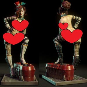 May include: A detailed figurine of a woman in a circus-themed outfit. The figure is posed on a red and gray platform, wearing a top hat, striped sleeves, and boots. The figure has a painted face and is in a provocative pose.