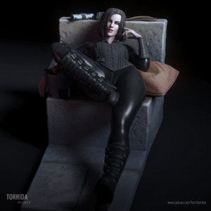 May include: A detailed figurine of a woman in a black outfit, seated on a stone structure. She wears a corset, boots, and a sleek bodysuit. A small pillow and a weapon are visible. The figurine is a Torrida Minis product.