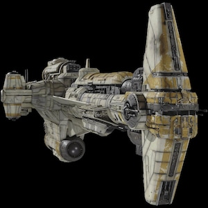 May include: A detailed model spaceship with a worn, industrial look. The ship has a central body with multiple engines, wings, and a large, vertical fin. The colour scheme is mainly off-white and yellow with dark grey accents, suggesting a used or battle-worn appearance.