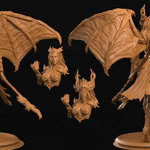 May include: A detailed, tan-colored figurine of a winged demoness with a staff. The figure has large, detailed wings, a tail, and is posed on a circular base. Additional busts of the demoness are also included in the image.