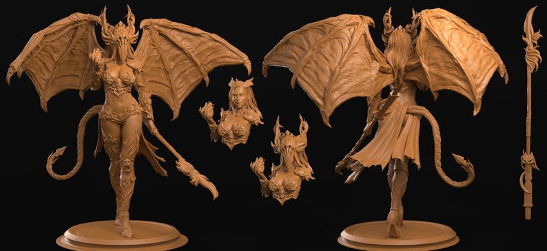 May include: A detailed, tan-colored figurine of a winged demoness with a staff. The figure has large, detailed wings, a tail, and is posed on a circular base. Additional busts of the demoness are also included in the image.