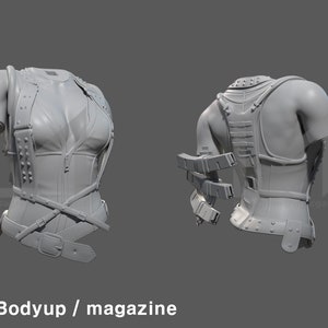 K&ouml;nnte beinhalten: Ein 3D-Modell eines detaillierten, grauen, lederartigen Korsetts mit Tr&auml;gern und Schnallen. Das Korsett hat einen Rei&szlig;verschluss vorne und eine Reihe von Nieten an den Seiten. Das Modell wird von vorne und hinten gezeigt.