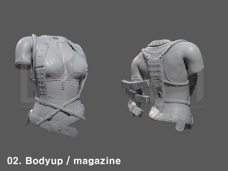 K&ouml;nnte beinhalten: Ein 3D-Modell eines detaillierten, grauen, lederartigen Korsetts mit Tr&auml;gern und Schnallen. Das Korsett hat einen Rei&szlig;verschluss vorne und eine Reihe von Nieten an den Seiten. Das Modell wird von vorne und hinten gezeigt.