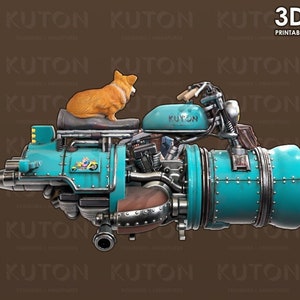 K&ouml;nnte beinhalten: Ein blaues, steampunk-artiges Motorrad in T&uuml;rkis mit einem braunen Ledersitz und einem kleinen, orange-wei&szlig;en Hund, der auf dem Sitz sitzt. Das Motorrad hat einen gro&szlig;en, runden Motor und einen kleinen, runden Scheinwerfer. Das Motorrad befindet sich auf einem braunen Hintergrund.