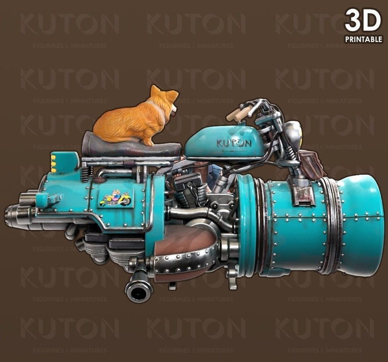 K&ouml;nnte beinhalten: Ein blaues, steampunk-artiges Motorrad in T&uuml;rkis mit einem braunen Ledersitz und einem kleinen, orange-wei&szlig;en Hund, der auf dem Sitz sitzt. Das Motorrad hat einen gro&szlig;en, runden Motor und einen kleinen, runden Scheinwerfer. Das Motorrad befindet sich auf einem braunen Hintergrund.