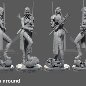 May include: A grey 3D printed figurine of a female warrior with a sword and a gun. The figurine is standing on a base with a broken skull.