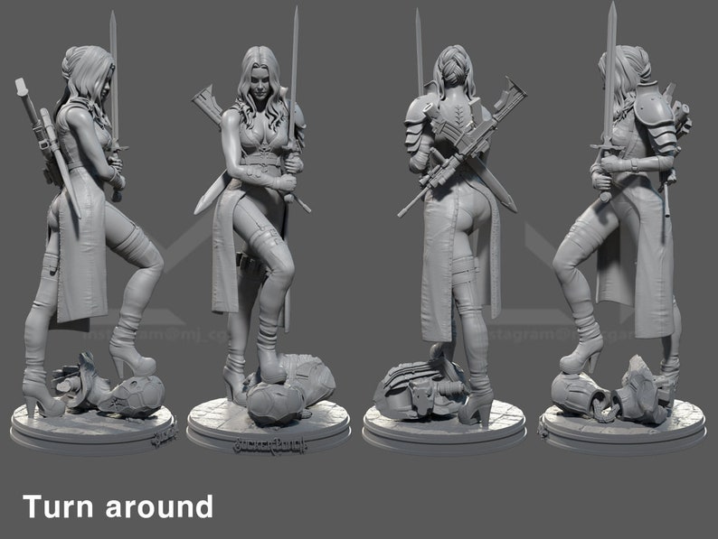 May include: A grey 3D printed figurine of a female warrior with a sword and a gun. The figurine is standing on a base with a broken skull.