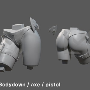 K&ouml;nnte beinhalten: Ein 3D-gedrucktes Modell des Unterk&ouml;rpers einer weiblichen Figur, getrennt in drei Teile: den Torso, ein Bein mit einer Pistolenholster und ein Bein mit einer Axt-Holster. Das Modell ist in grauer Farbe und scheint unvollendet zu sein.