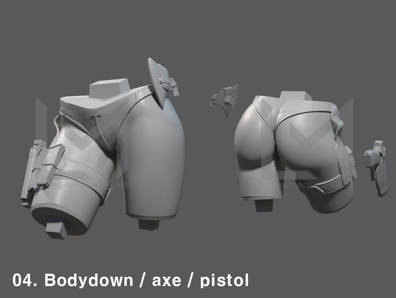 K&ouml;nnte beinhalten: Ein 3D-gedrucktes Modell des Unterk&ouml;rpers einer weiblichen Figur, getrennt in drei Teile: den Torso, ein Bein mit einer Pistolenholster und ein Bein mit einer Axt-Holster. Das Modell ist in grauer Farbe und scheint unvollendet zu sein.