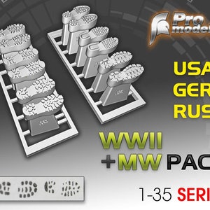 Può includere: Un set di suole di stivali in plastica in scala 1/35 per figure della seconda guerra mondiale e della guerra moderna. Il set include suole per stivali americani, tedeschi e russi. L'immagine mostra le suole in una sprue di plastica, insieme a un primo piano dei motivi del battistrada.