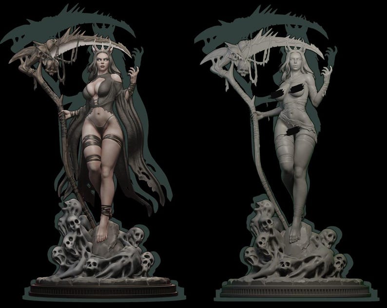 May include: A dark-haired woman figure with a crown and a scythe, standing on a base of skulls. The figure is wearing a dark robe and has a skeletal appearance.