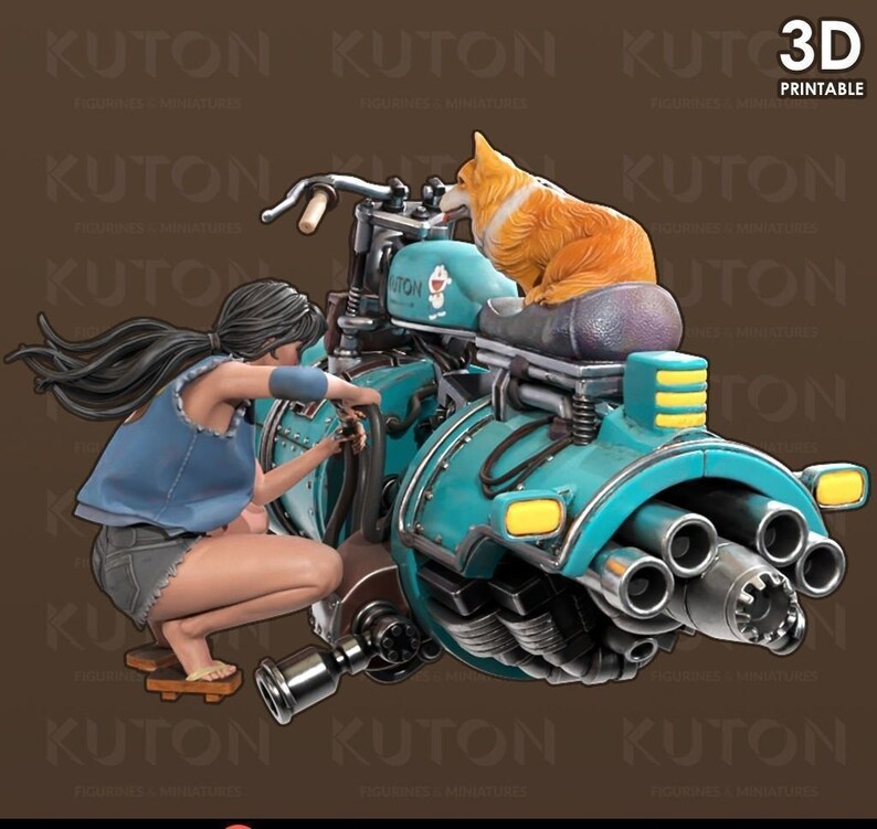 K&ouml;nnte beinhalten: Ein 3D-gedrucktes Modell einer Frau in blauer Latzhose und rotem Shirt, die an einem t&uuml;rkisfarbenen und silbernen futuristischen Motorrad arbeitet, auf dem ein Hund auf dem R&uuml;cksitz sitzt. Das Motorrad hat einen gro&szlig;en Auspuff mit mehreren Rohren.