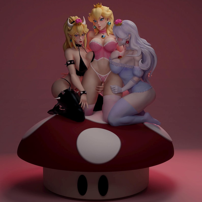May include: A figurine of three female characters in lingerie, posed on a red and white mushroom base. The characters have blonde, peach, and silver hair, wearing pink, black, and blue lingerie. The mushroom base has two black oval shapes.