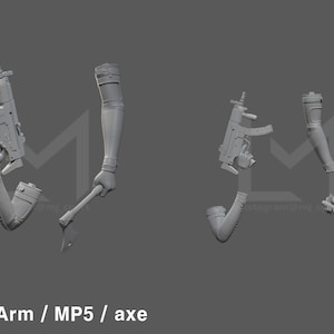 K&ouml;nnte beinhalten: Ein 3D-gedrucktes Modell eines Arms, der eine MP5-Maschinenpistole und eine Axt h&auml;lt. Das Modell ist in grauem Kunststoff gedruckt und in einer dynamischen Action-Pose dargestellt. Der Text "05. Arm / MP5 / axe" ist unter dem Modell gedruckt.