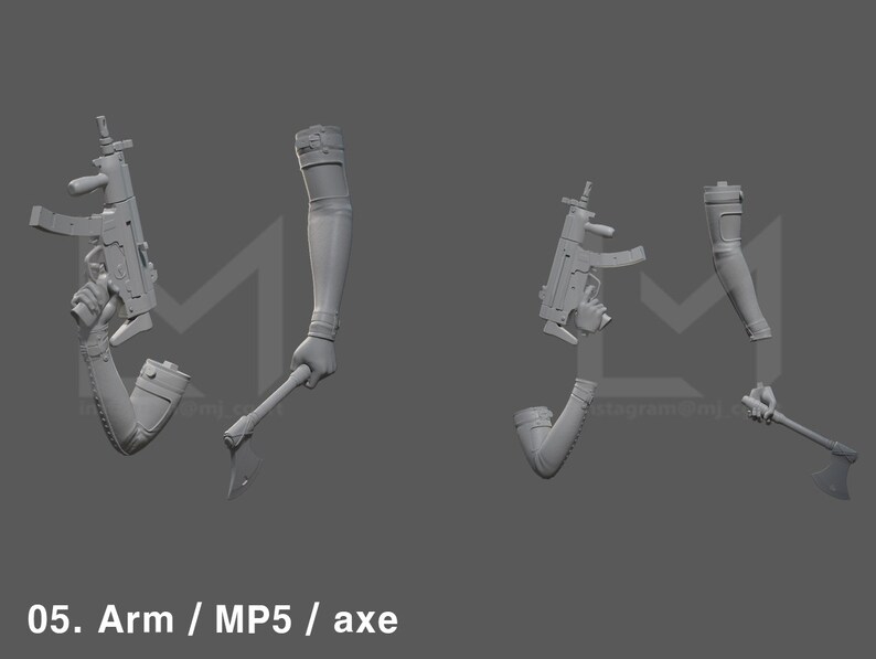 K&ouml;nnte beinhalten: Ein 3D-gedrucktes Modell eines Arms, der eine MP5-Maschinenpistole und eine Axt h&auml;lt. Das Modell ist in grauem Kunststoff gedruckt und in einer dynamischen Action-Pose dargestellt. Der Text "05. Arm / MP5 / axe" ist unter dem Modell gedruckt.