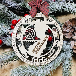 Laser Engraved Wood Holiday Christmas Tree NEW JERSEY State Bauble Gift Ornament