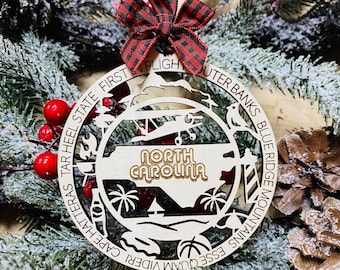 Laser Engraved Wood Holiday Christmas Tree NORTH CAROLINA State Bauble Gift Ornament