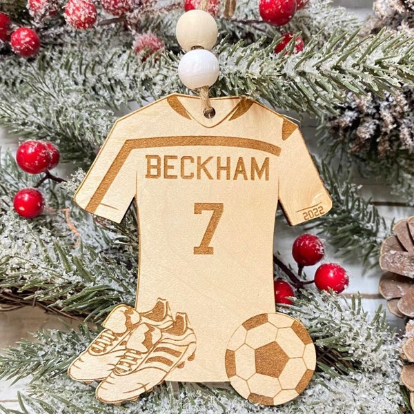 Laser Engraved Wood Custom Personalized Soccer 2023 Holiday Christmas Bauble Gift Holiday Ornament