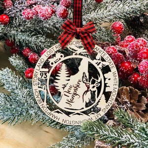 Laser Engraved Wood Holiday Christmas Tree NEW HAMPSHIRE NH State Bauble Gift Ornament