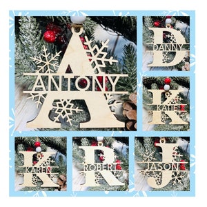 Adorno navideño personalizado con monograma dividido en copos de nieve para árbol de Navidad, regalo para amigos, familiares y abuelos, etiqueta con nombre inicial de la A a la Z