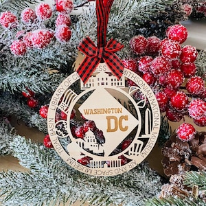 Laser Engraved Wood Holiday Christmas Tree Washington DC Capital State Bauble Gift Ornament