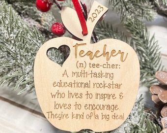 Laser Engraved Wood Holiday Christmas Tree Apple TEACHER 2023 Bauble Gift Holiday Ornament