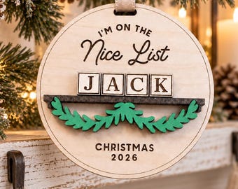 Personalized Nice List Christmas Ornament, Custom Wooden Name Keepsake for Kids, 2026 Gift