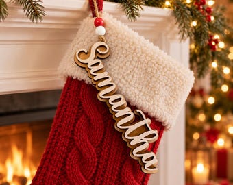 Personalized Christmas Stocking Tag, Wooden Stocking Name Tag, Custom Name Ornament, Family & Pet Stocking Tag, Christmas Decor