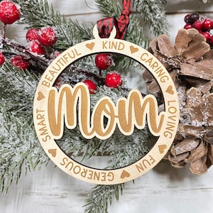 Laser Engraved Wood Holiday Christmas Tree MOM 2024 Bauble Gift Ornament