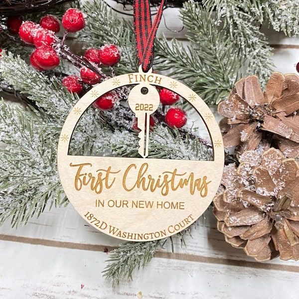 Laser Engraved Wood Custom Personalized First Christmas in our New Home 2023 Holiday Christmas Bauble Gift Holiday Ornament