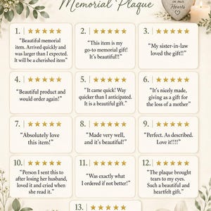 May include: A graphic display titled 5-Star Customer Reviews Memorial Plaque, featuring thirteen numbered boxes with five-star ratings and customer testimonials. The design includes floral accents, a heart-shaped stone, and a lit candle.