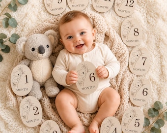 Wooden Baby Monthly Milestone Photo Prop Cards Koala 12 Month Set Newborn Gift
