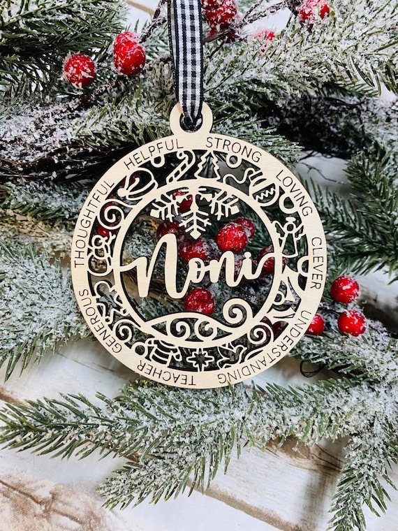 Laser Engraved Wood Holiday Christmas Tree NONI Holiday Bauble Gift Ornament