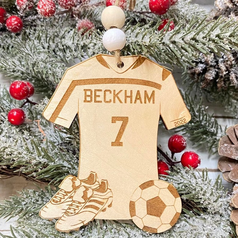 Laser Engraved Wood Custom Personalized Soccer 2023 Holiday Christmas Bauble Gift Holiday Ornament image 1