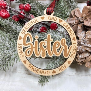 Laser Engraved Wood Holiday Christmas Tree SISTER 2025 Bauble Gift Ornament